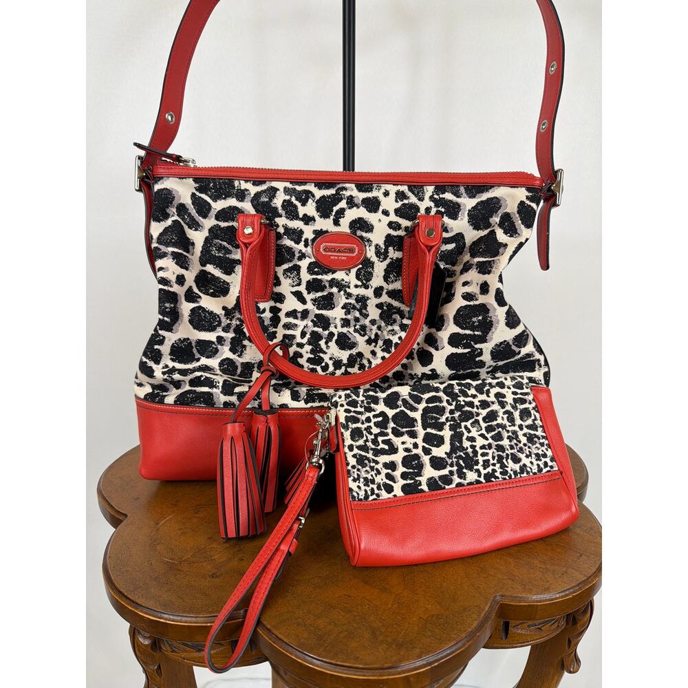 Coach Rory 19988 Leopard Print Handbag Red Leather Trim Clutch Wristlet Bundle - Picture 3 of 16
